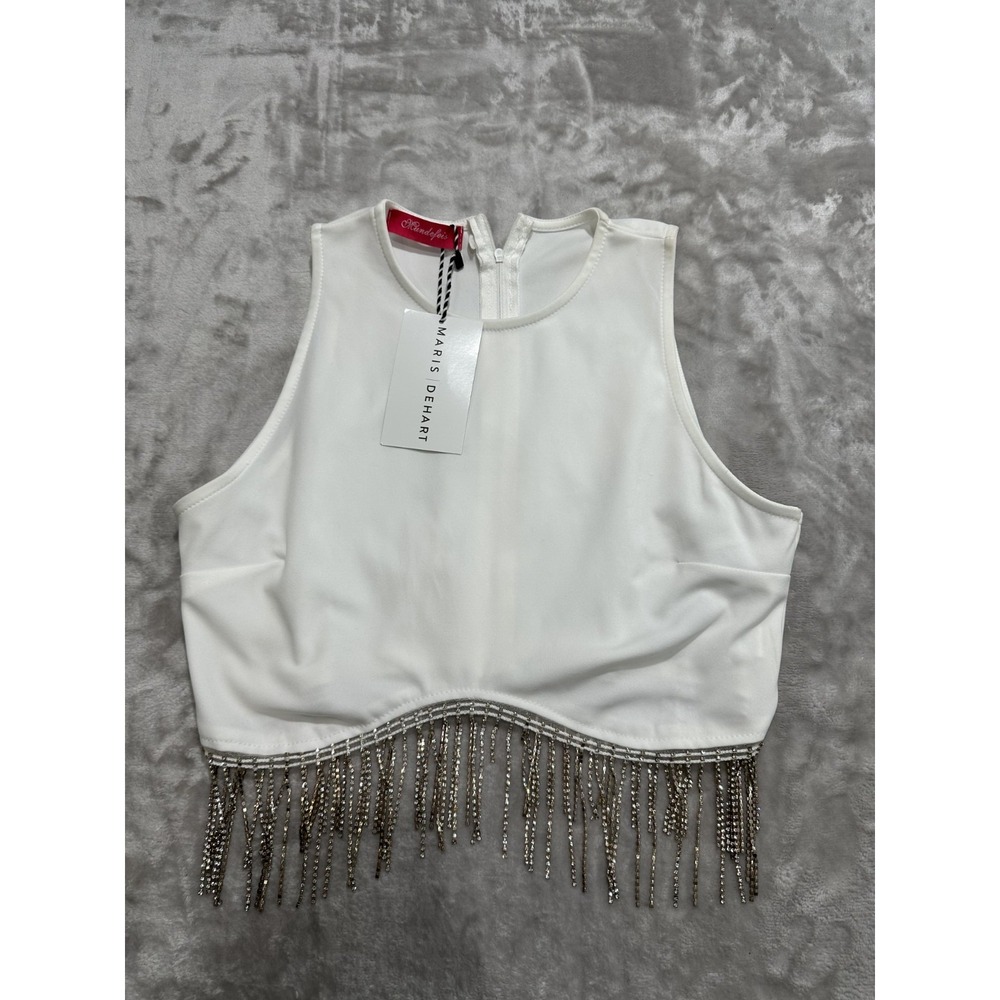 Mundefeis Tankโ Top Camisole Women's Size XL White Full Zip Faux Diamond Fringe